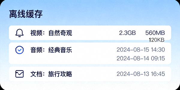 展示移动端离线缓存功能界面，显示已缓存的数据列表